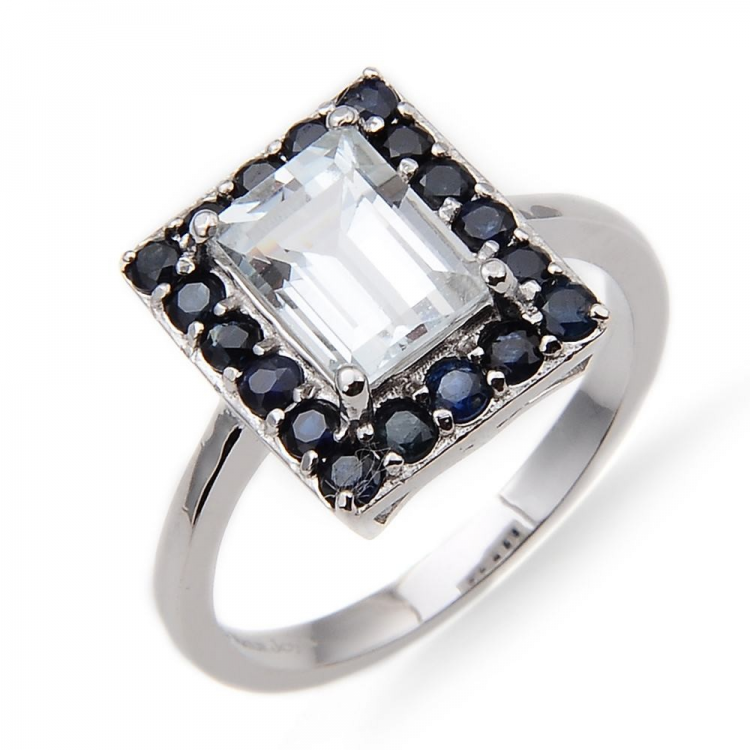 Aquamarine. Blue Sapphire& 925 Sterling Silver Ring