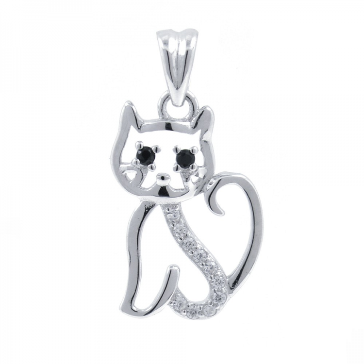 Zircons and 925 Sterling Silver Cat Pendant