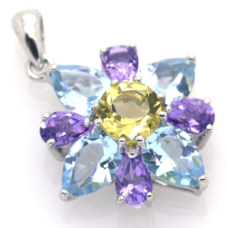 Pendentif topaze bleue, améthyste, citrine et argent 925