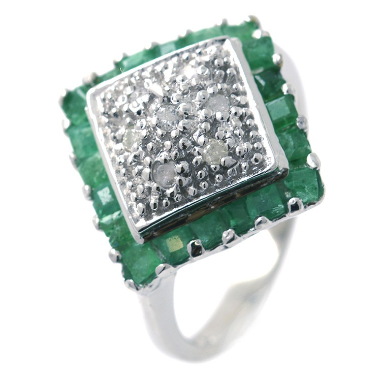 Emerald, Diamond and Silver 925 Ring