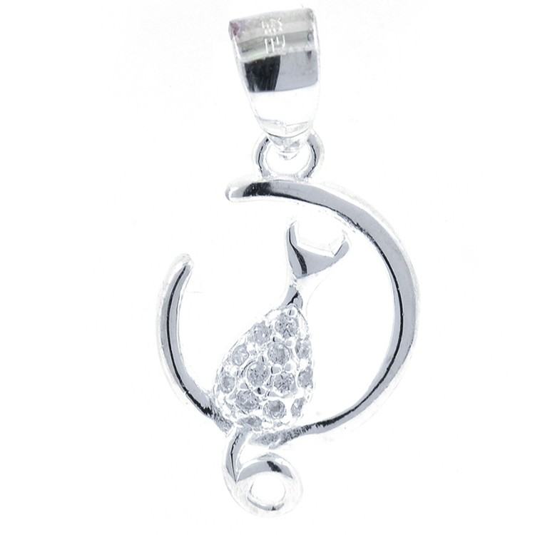 Pendentif Chat et Lune avec Zircons et Argent 925