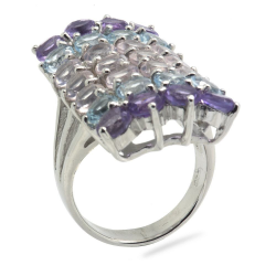 Amethyst, Blue Topaz, Pink Quartz & 925 Sterling Silver Ring