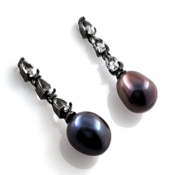 Black Pearl, White Topaz and 925 Silver Earrings