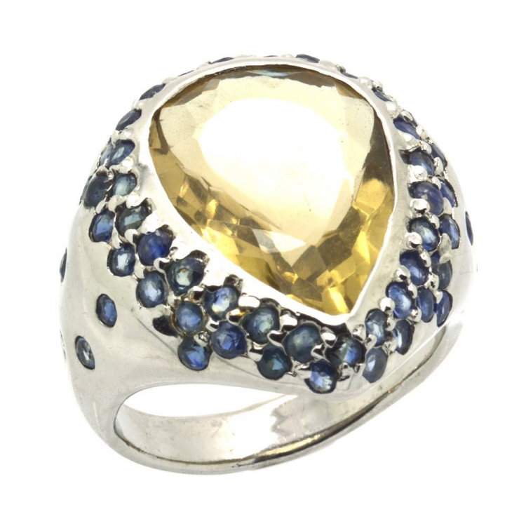 Lemon Quartz & Sapphire & 925 Sterling Silver Ring