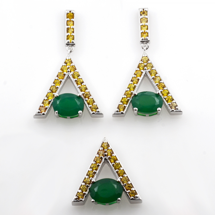 Pendentif et boucles d'oreilles en agate verte et saphir jaune avec argent 925