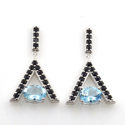 Silver 925 Blue Topaz and Black Spinel Earrings and Pendant