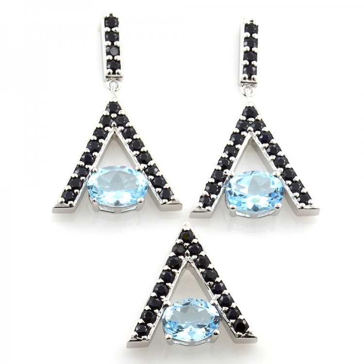 Silver 925 Blue Topaz and Black Spinel Earrings and Pendant