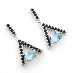 Silver 925 Blue Topaz and Black Spinel Earrings and Pendant