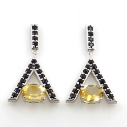 Sterling Silver Citrine and Black Spinel Earrings and Pendant