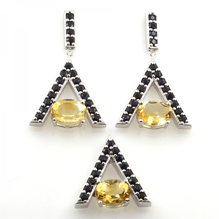 Sterling Silver Citrine and Black Spinel Earrings and Pendant