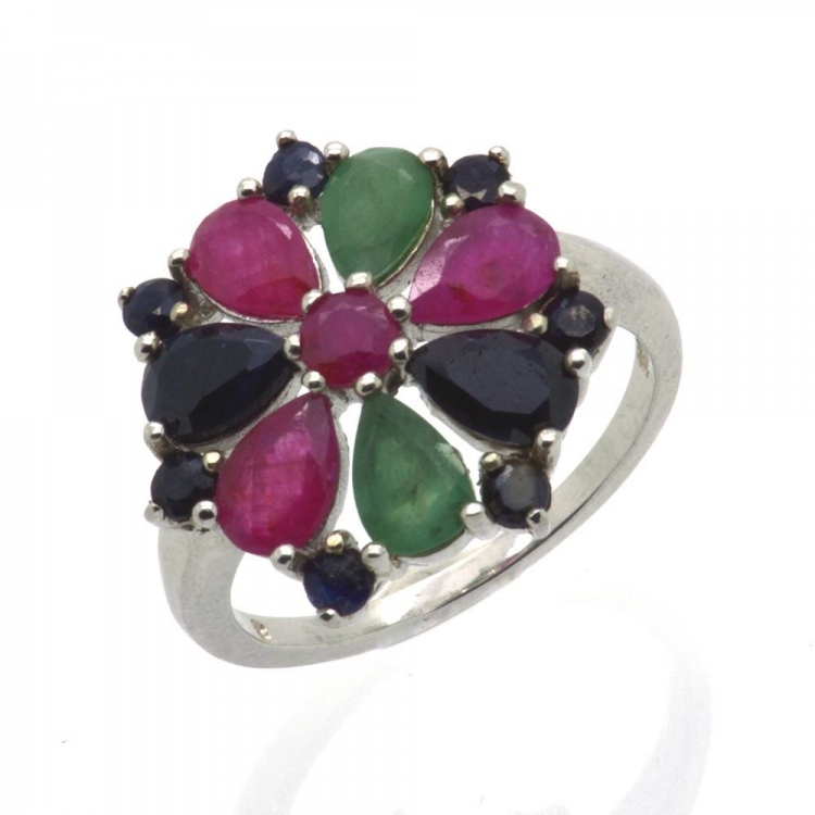 Ruby, Sapphire, Emerald & 925 Sterling Silver Ring