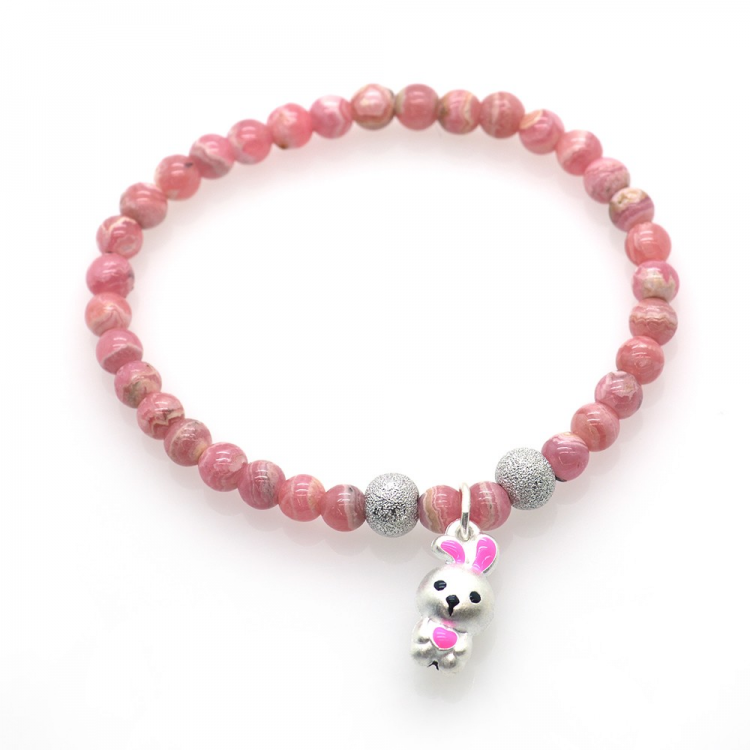 Rhodochrosite & 925 Sterling Silver Bunny Bracelet