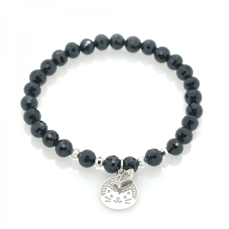 Pulsera Turmalina & Gato con Pez de Plata Esterlina Rodiada