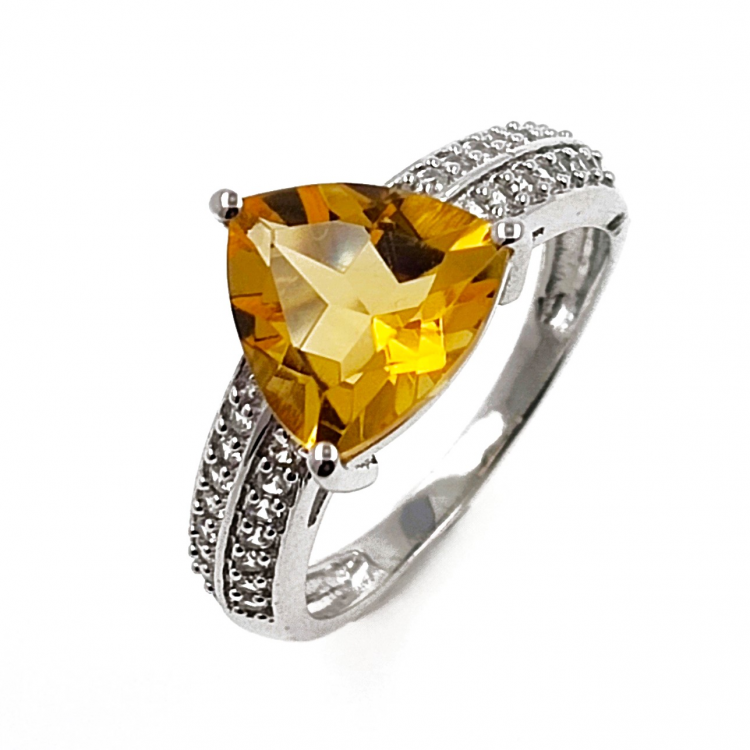 Citrine and Zircon Ring 925 Silver Rhodium Plated