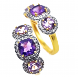 925 Silver Gold Plated Ring with Amethyst and Zircon