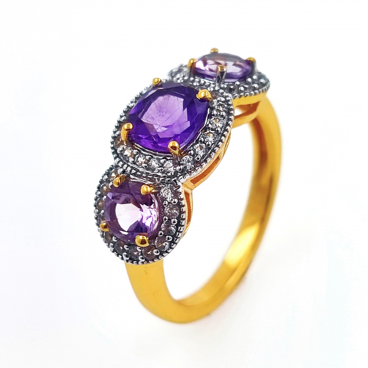 925 Silver Gold Plated Ring with Amethyst and Zircon