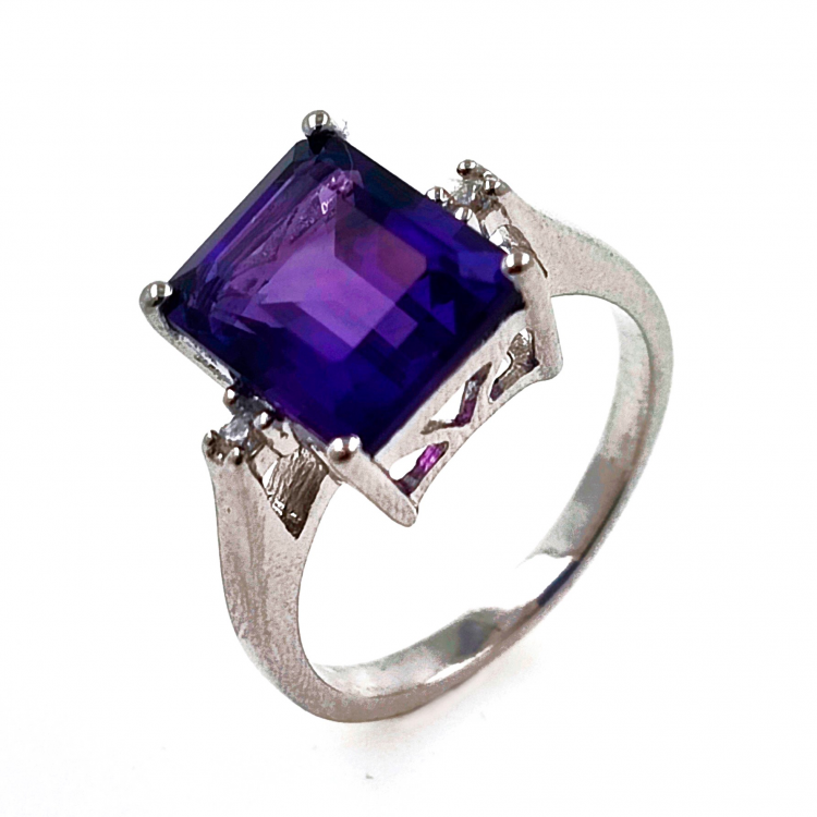 Rhodium-plated 925 Silver Ring with Amethyst and Zircon