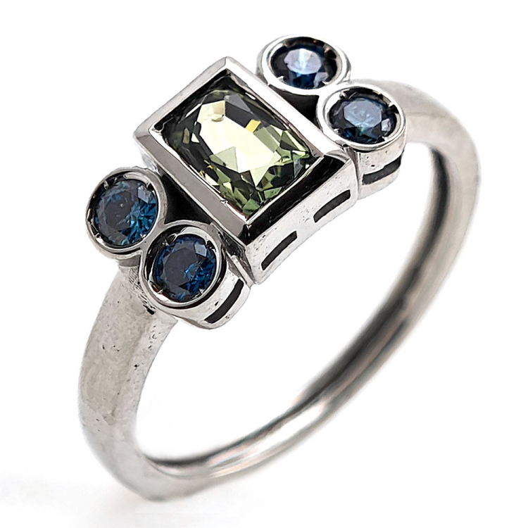 Gold ring with No Heat Green Sapphire and Blue Diamonds