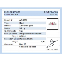 Anello d'oro con zaffiro Padparadscha No Heat e diamanti dello Sri Lank