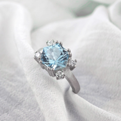 Gold design ring with special precision-cut blue topaz and diamonds