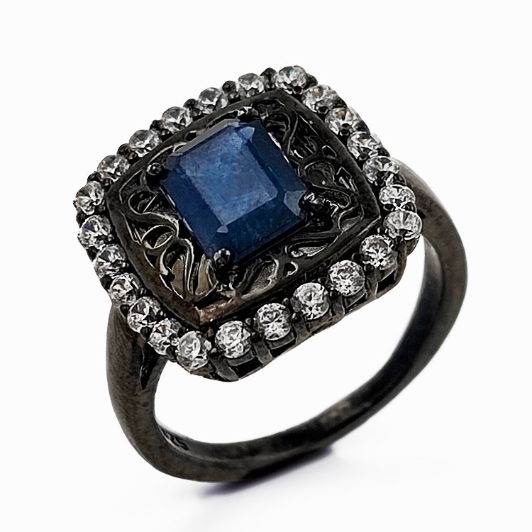 Sapphire ring with topaz Silver 925 rhodium plated black