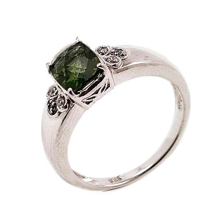 Bague en Moldavite et topaze blanche en argent 925 rhodié