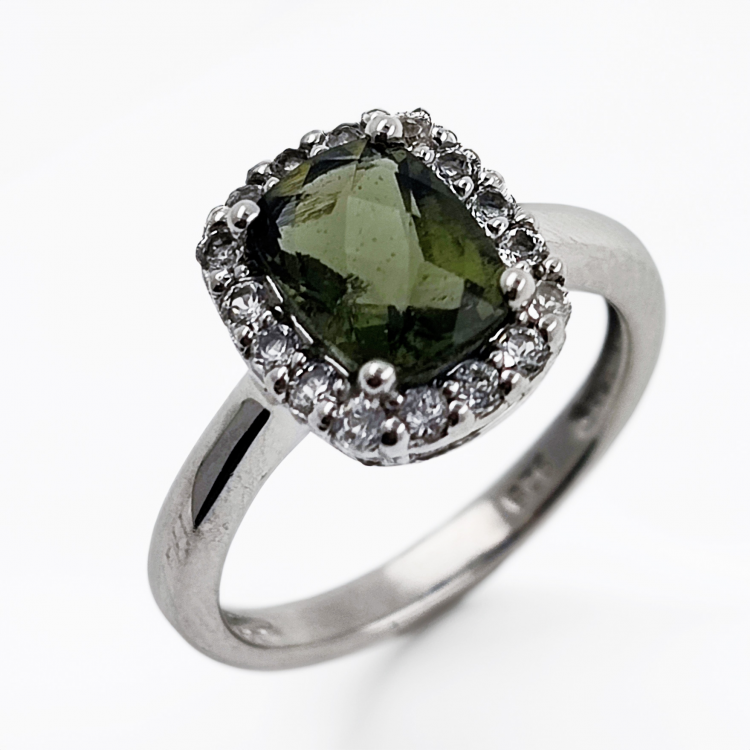 Moldavite ring with white topaz in 925 Sterling silver rhodium plated