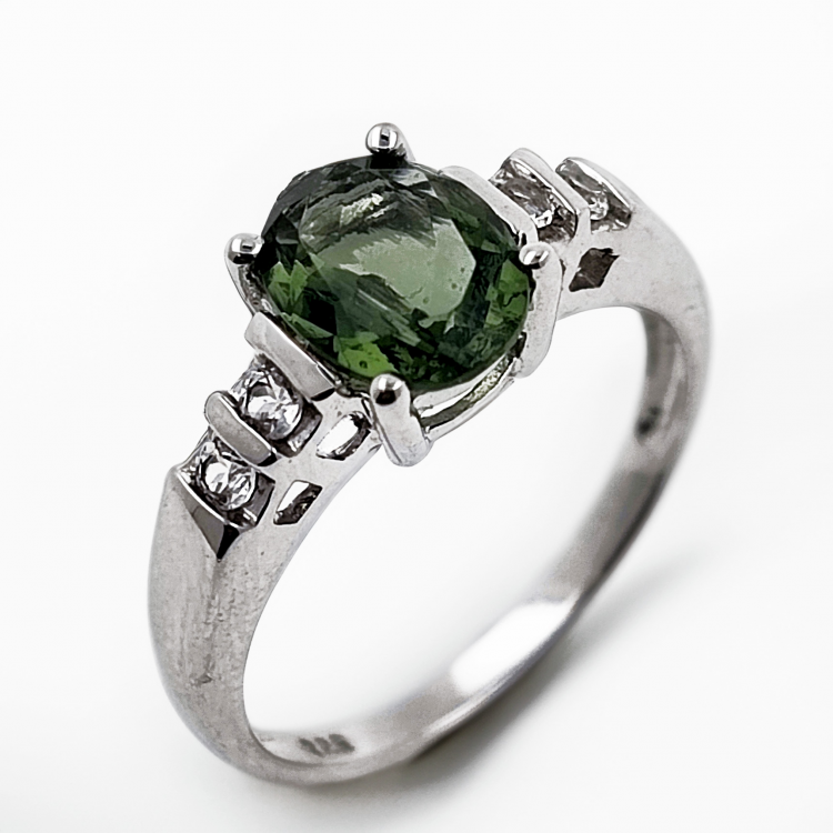 Moldavite ring with white topaz in 925 Sterling silver rhodium plated