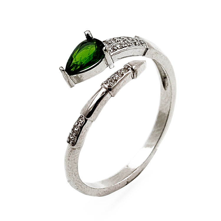 Chromodiopside ring with zirconia in 925 Sterling silver with rhodium plating