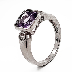 Rhodium Plated 925 Silver Ring with Amethyst and Zircon