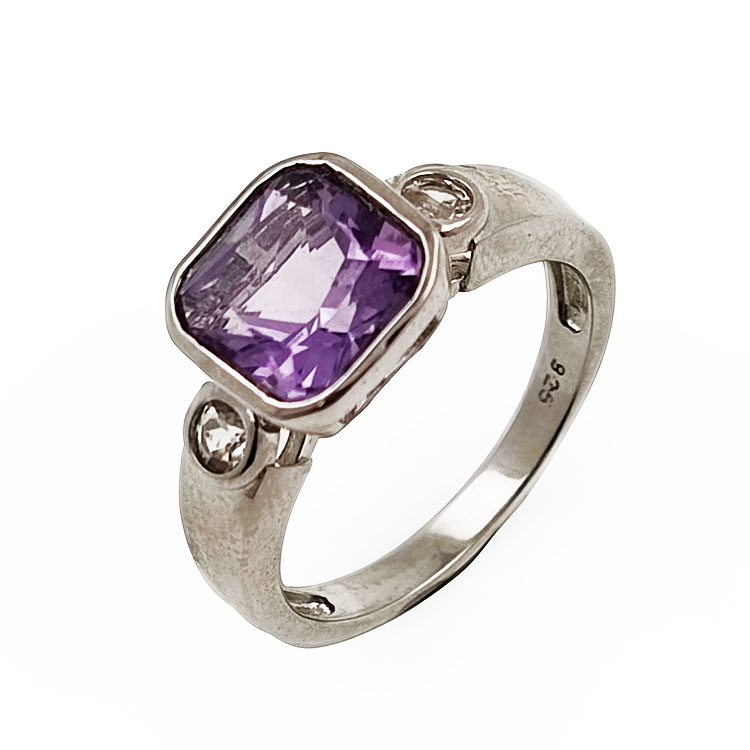 Rhodium Plated 925 Silver Ring with Amethyst and Zircon