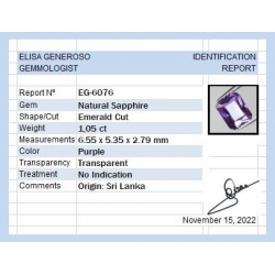 1,05 ct lila Saphir im Smaragdschliff 6,55 x 5,35 x 2,79 mm