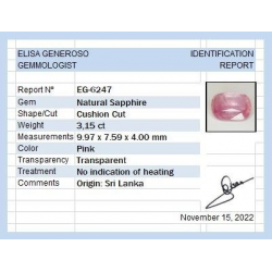3,15 ct Cushion-cut pink sapphire  9,97 x 7,59 x 4,00 mm