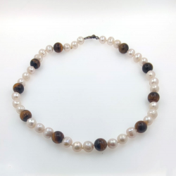 Collier de perles de rivière et d'oeil de tigre en argent de 11 mm et d'une longueur de 40 cm