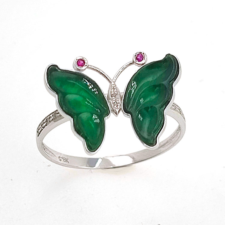 Anillo Mariposa de Jadeita Fei Cui Natural con Diamante Natural en oro blanco de 18kt
