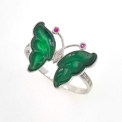 Anillo Mariposa de Jadeita Fei Cui Natural con Diamante Natural en oro blanco de 18kt
