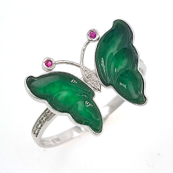 Anillo Mariposa de Jadeita Fei Cui Natural con Diamante Natural en oro blanco de 18kt