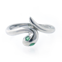 Emerald or ruby snake ring in 925 sterling silver plated with white rhodium.